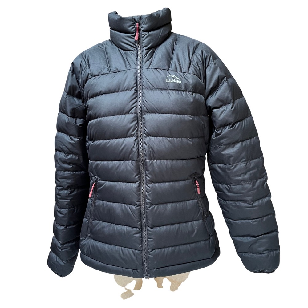 LL Bean 650 Down Puffer Jacket Black Burgundy Women Full Zip Quilted Coat Size S